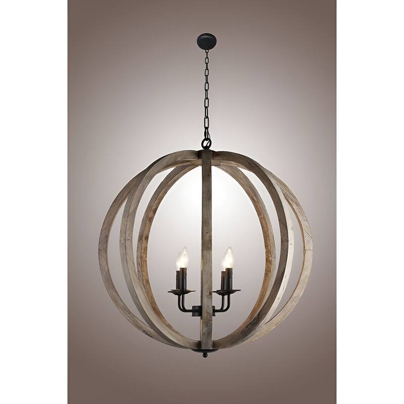 4 - Light Antique Black Natural Wood Orb Chandelier