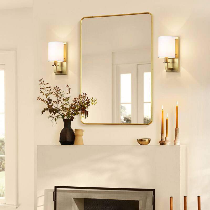 1-Light 5.5" W Modern Gold Cylinder Metal Flush Mount Wall Sconce/Bathroom Vanity Light with White Fabric Shade