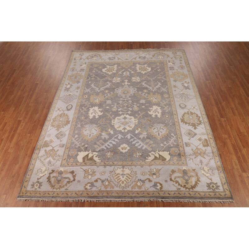 Gray Oushak Indian Area Rug Hand-Knotted Floral Wool Carpet - 9'3"x 11'7"