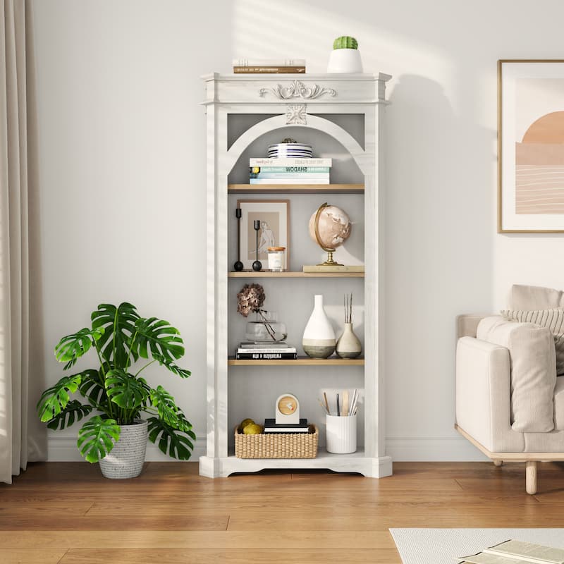 Antique 4 Tiers bookshelf,65 inch tall bookcase,tall floor standing bookcase for Home Office, Living Room - White+Vintage