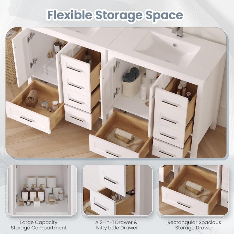 EROMMY All-in-One Bathroom Vanity with Ceramic Sink, Soft-Close Storage Cabinet & Drawer, Glossy Countertop, White