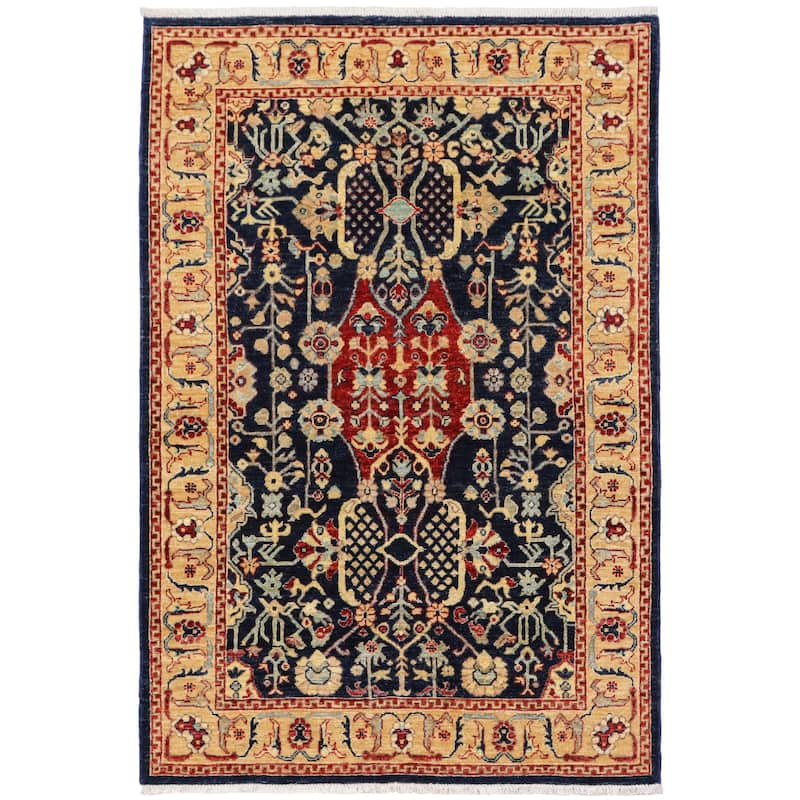 Southwestern Heriz Ziegler Finley Blue Tan Hand-Knotted Rug - 4'2'' x 6'1''