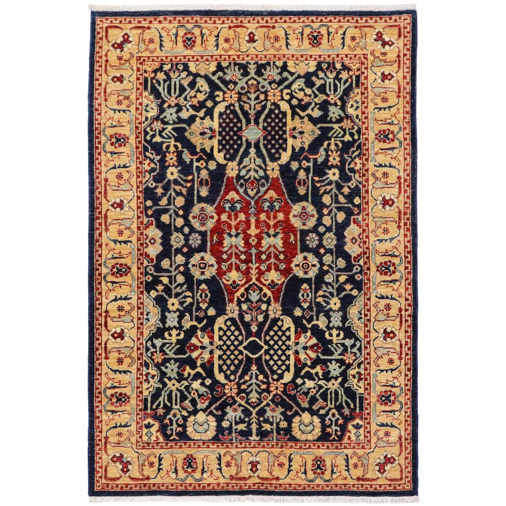 Southwestern Heriz Ziegler Finley Blue Tan Hand-Knotted Rug - 4'2'' x 6'1''