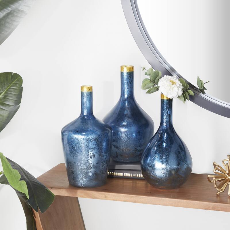 Glass Decorative Vase with Gold Rim - Set of 3 White, Blue or Black - Roche River Decor