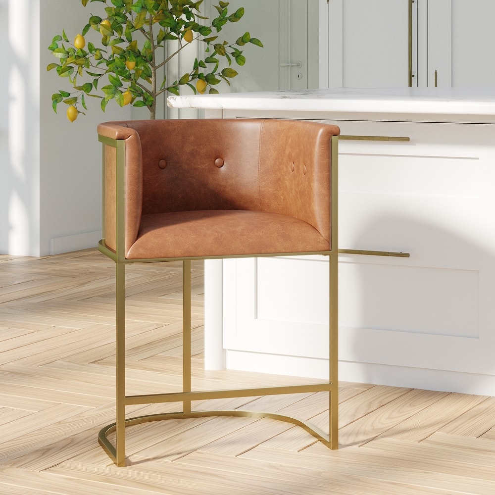 Manhattan Modern Bar Stool - Faux Leather with Gold-Finish Metal Base