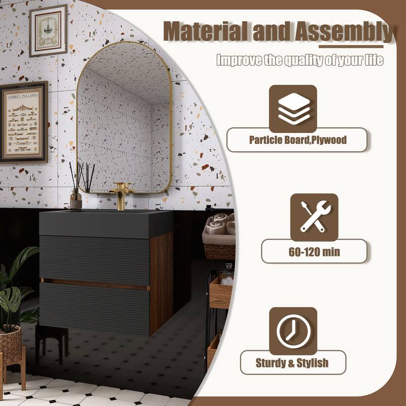 Wall Mounted Bathroom Vanity with Solid Surface Sink and Soft Drawers