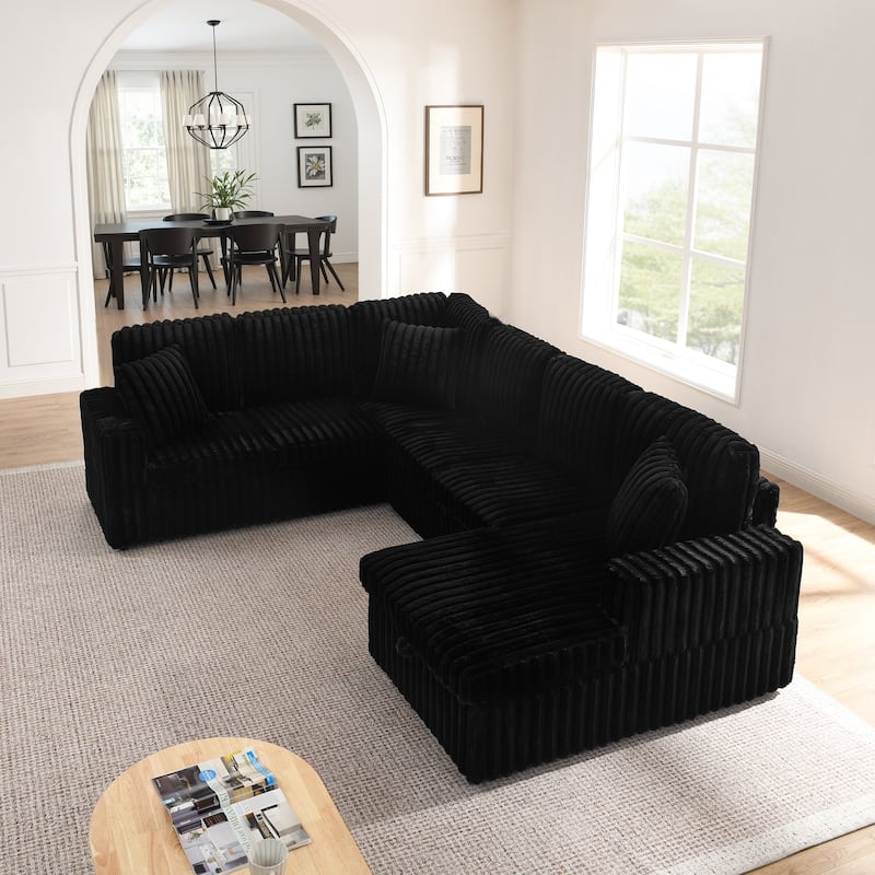 Corduroy Upholstered Reclining Sofa U-shaped Sleeper Sectional Couch with Pull Out Bed, Storage Chaise and Adjustable Backrests