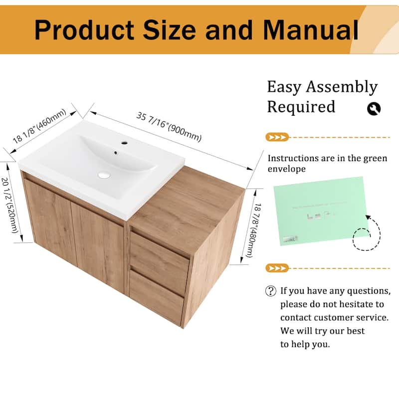 Malwee 36"/48"/60" Floating Bathroom Vanity,Wall Mounted Bathroom Vanity with Sink,Soft Close Door and Drawer