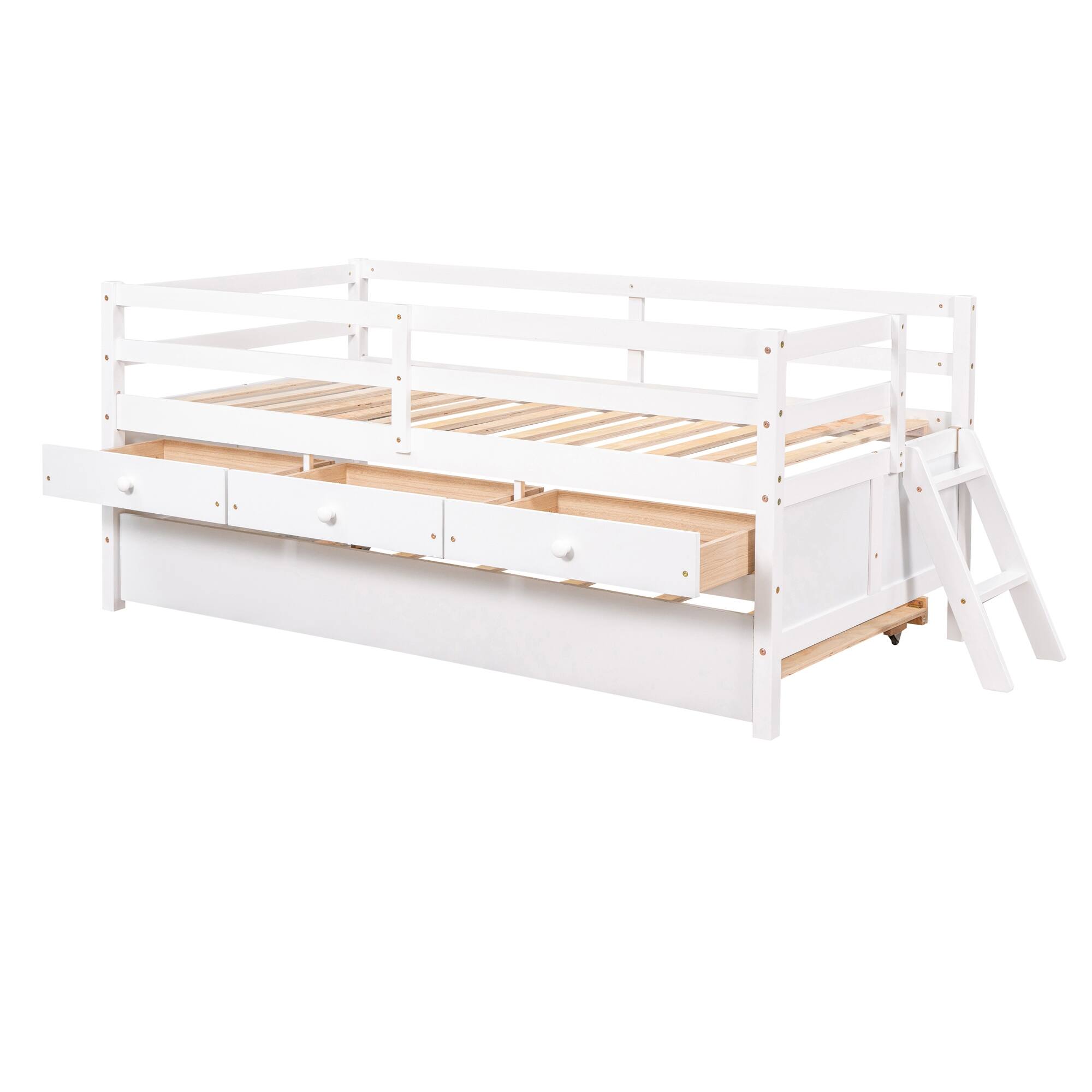 Low Loft Bed Twin Size with Full Safety Fence, Climbing ladder, Storage