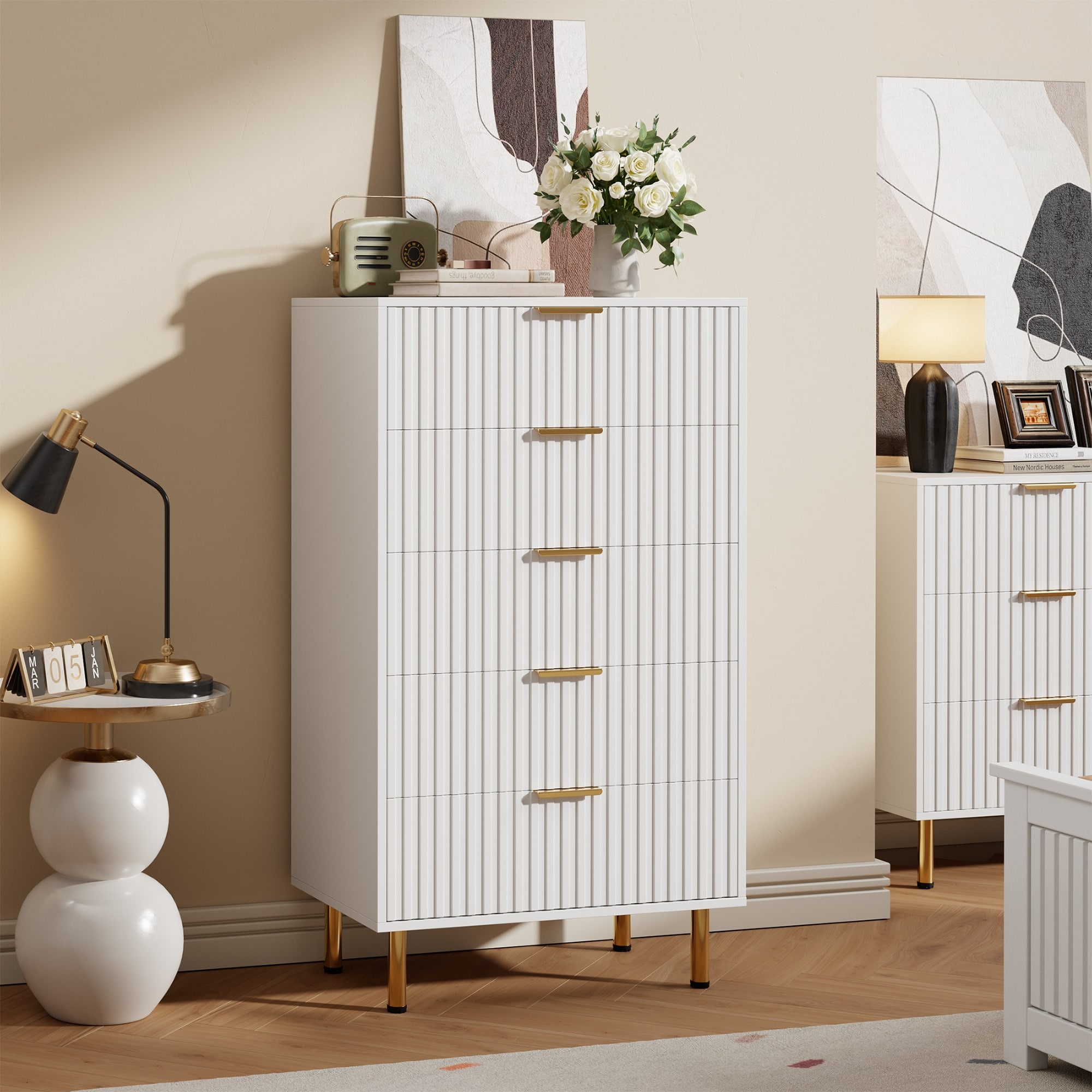 5 Dresser Chest,Fluted 5 Drawer Storage Dresser for Bedroom