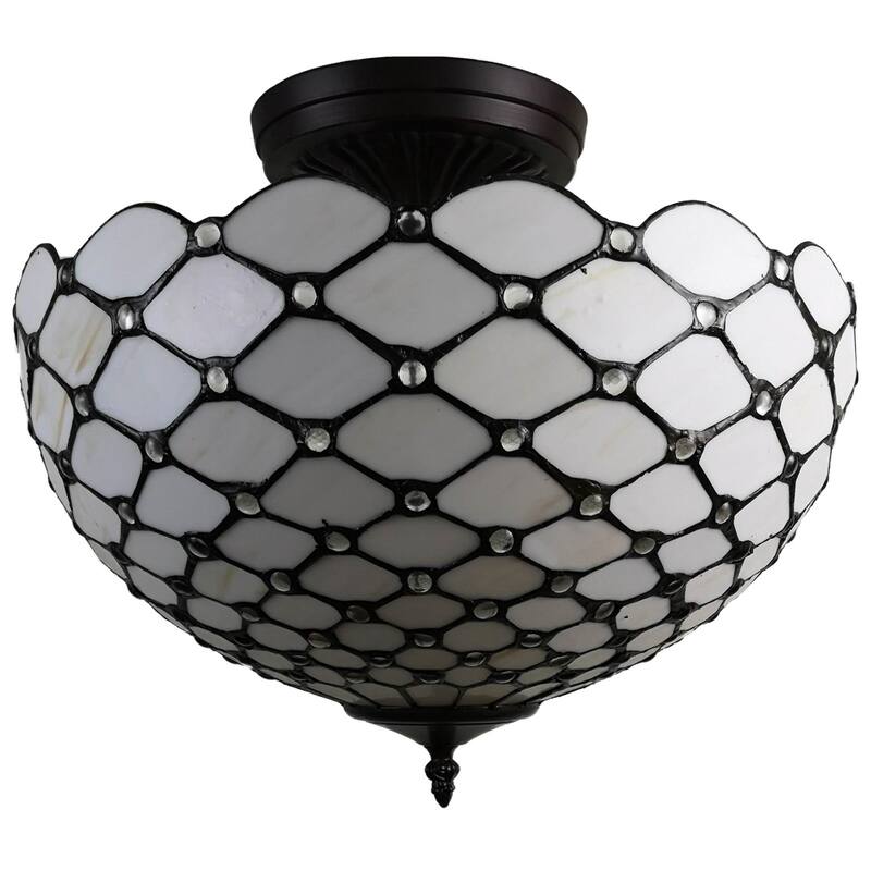 Tiffany Style Ceiling Fixture Lamp Jeweled Semi-Flush 16" Wide Stained Glass White Bedroom Gift AM086CL16B Amora Lighting