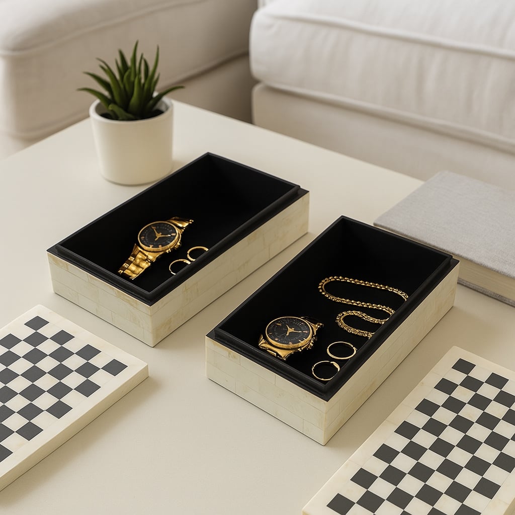 Resin Checkered Jewelry Box with Lid Set - Black - 12" x 8" x 3.75"