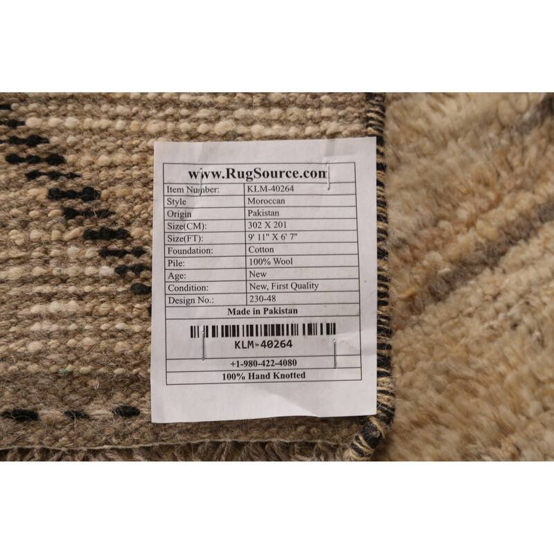 Geometric Moroccan Oriental Rug Hand-Knotted Beige Wool Carpet - 6'7" x 9'11"