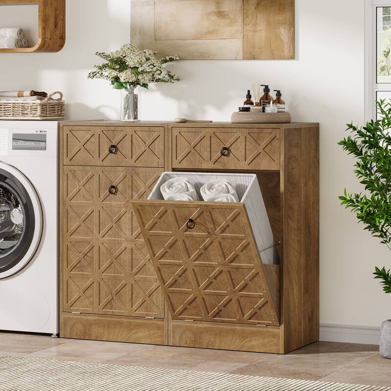 13 Gallon Tilt-Out Laundry Hamper Cabinet with Drawer, Freestanding Hidden Laundry Sorter Storage Unit for Bathroom