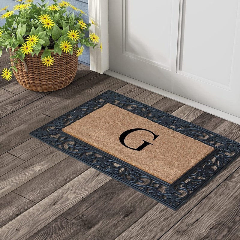 A1HC Rubber and Coir Dirt Trapper Heavy Weight Large Monogrammed Doormat, Black