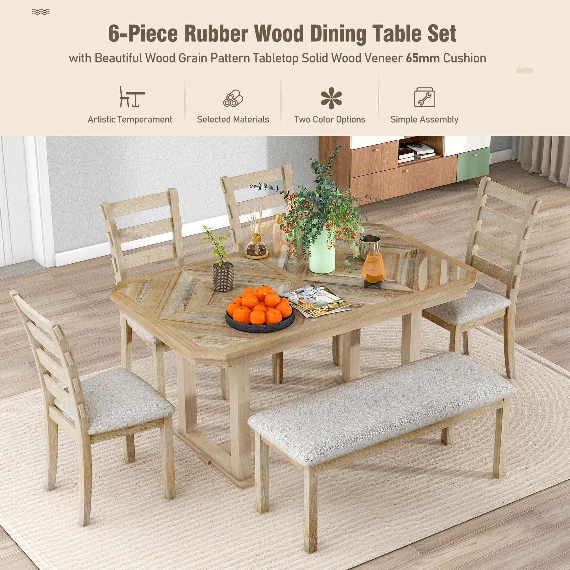 6 Piece Rubber Wood Dining Set with Beautiful Grain Pattern Tabletop Rustic Kitchen Table with Bench 4 Padded Dining Chairs Natural Wood Wash