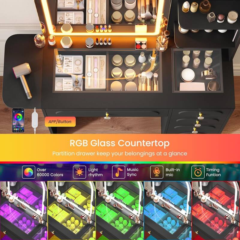 Vanity Desk with Large Mirror and LED Lights 5 Drawers Shelves Glass Top