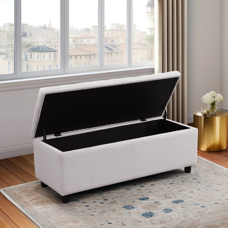 Elegant Gray White Storage Bench with Solid Wood Frame