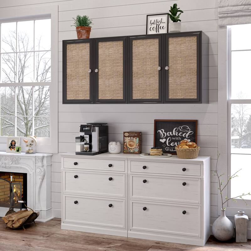 Rattan Wall Cabinets with Adjustable Shelf and LED Light Set of 2