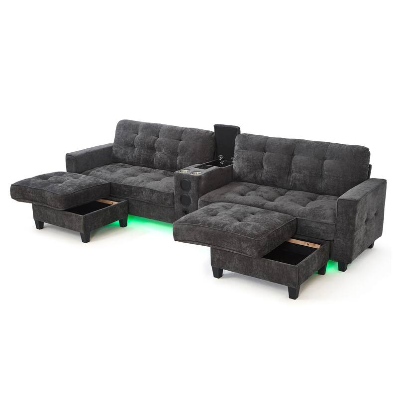 126" U-Shaped Sectional Sofa with Storage Ottomans & Bluetooth Speakers - Modular Couch with LED Lights, Console