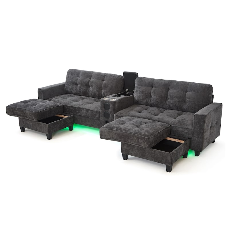 Modular U-shaped Sectional Sofa Couch with Movable Storage Ottomans, Multifunctional Console, Bluetooth Speakers and LED Lights