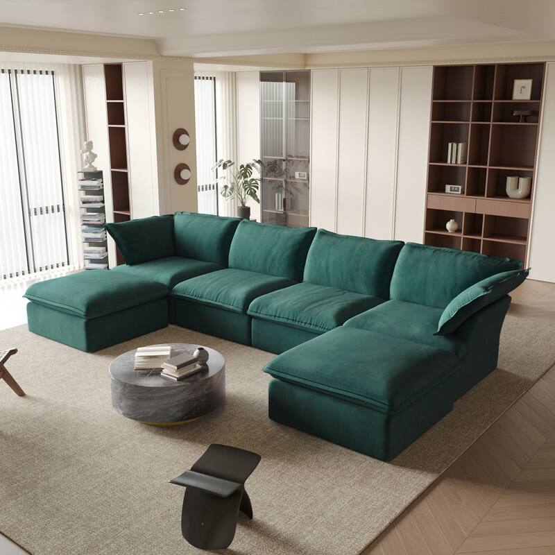 6 Piece U-shaped Velvet Upholstery Modular Sectional Sofa with 2 Ottoman