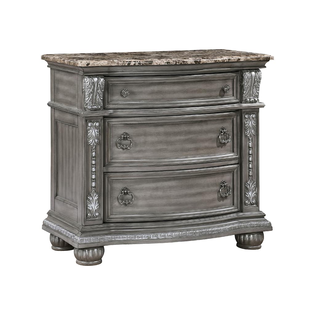 Toga 3 Drawer Nightstand, Gray Acacia Wood Carved Details, 35 Inch