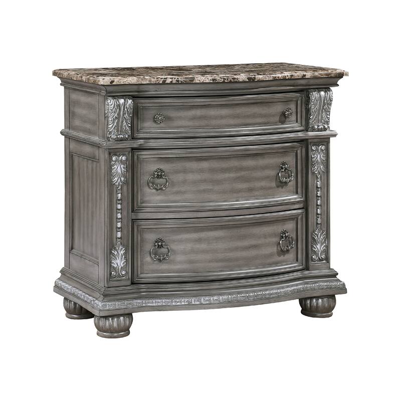 Toga 3 Drawer Nightstand, Gray Acacia Wood Carved Details, 35 Inch