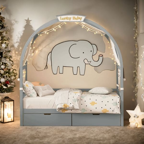 slide 2 of 60, Twin Ground-Level Canopy Bed with Tent and Drawers,Kids Bed Design Grey