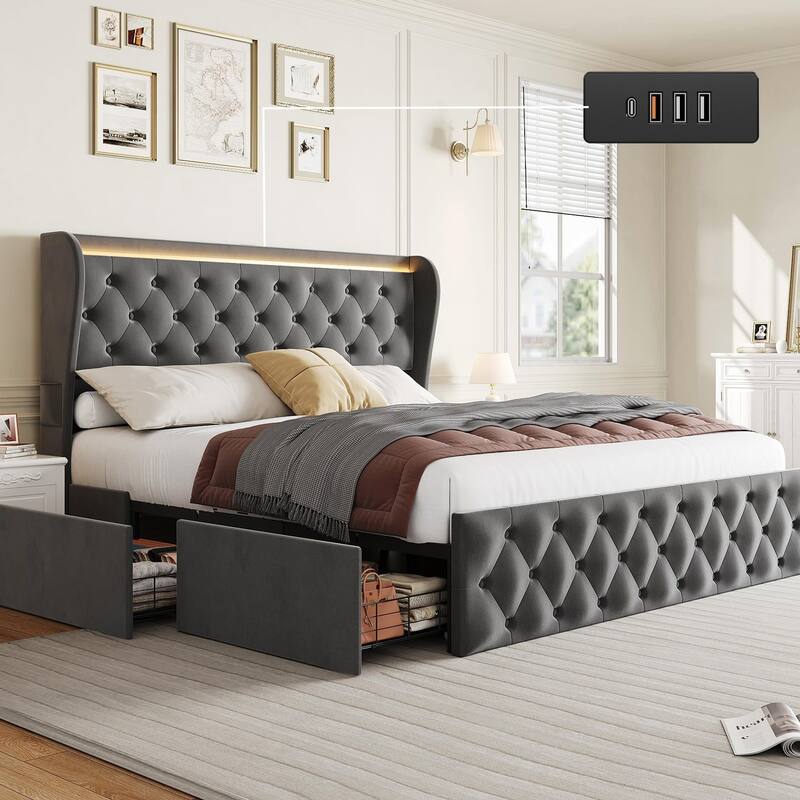 Velvet Upholstered Platform Bed Frame, with LED Lights/Charging Station/Wingback Headboard - Queen