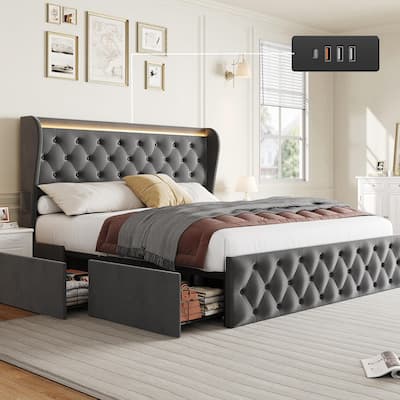 Velvet Upholstered Platform Bed Frame, with LED Lights/Charging Station/Wingback Headboard