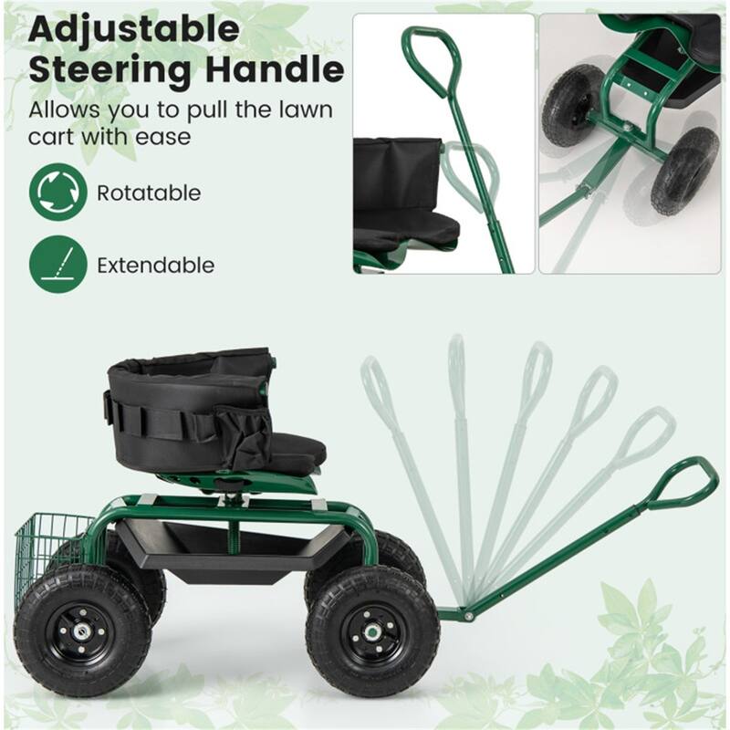 Adjustable Rolling Garden Cart with 360-Degree Swivel Seat Heavy-Duty Metal Frame Storage Basket - 35.5" x 24" x 23.5"-27"
