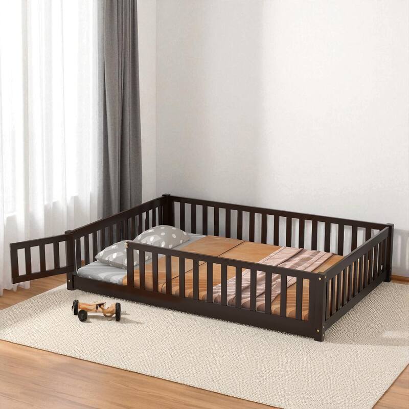 Full Size Rubber Wood Floor Bed with Fence, Door and Safety Guardrails for Kids