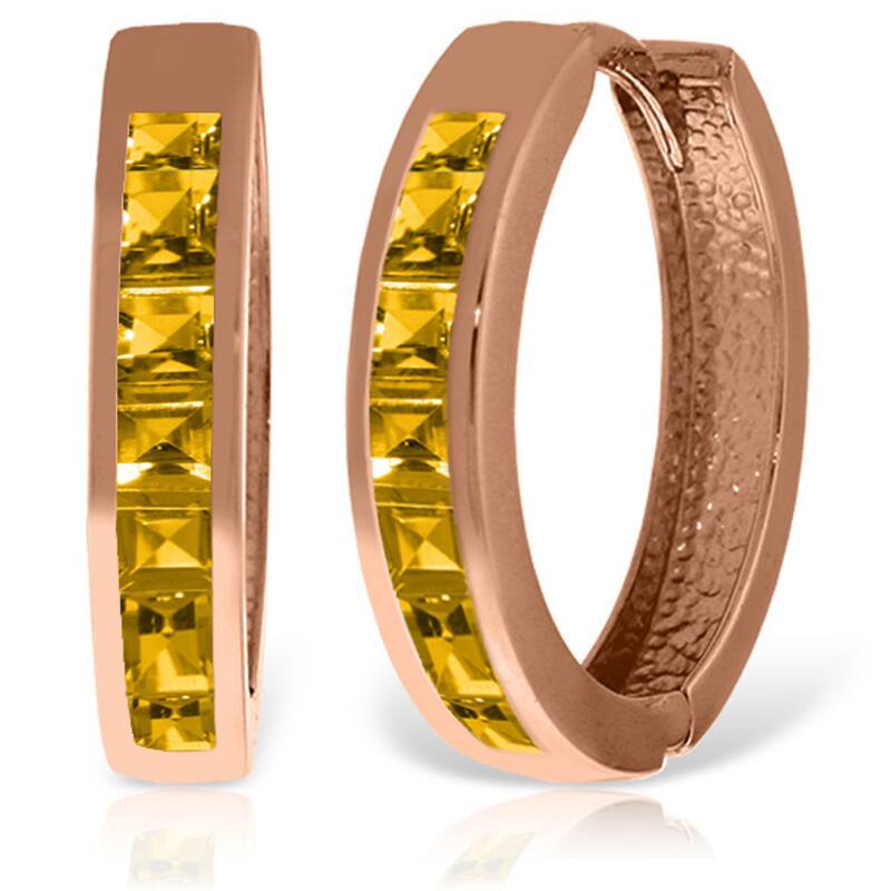 14K Solid Gold Hoop Huggie Gemstone Earrings w/ Natural Citrines - Rose