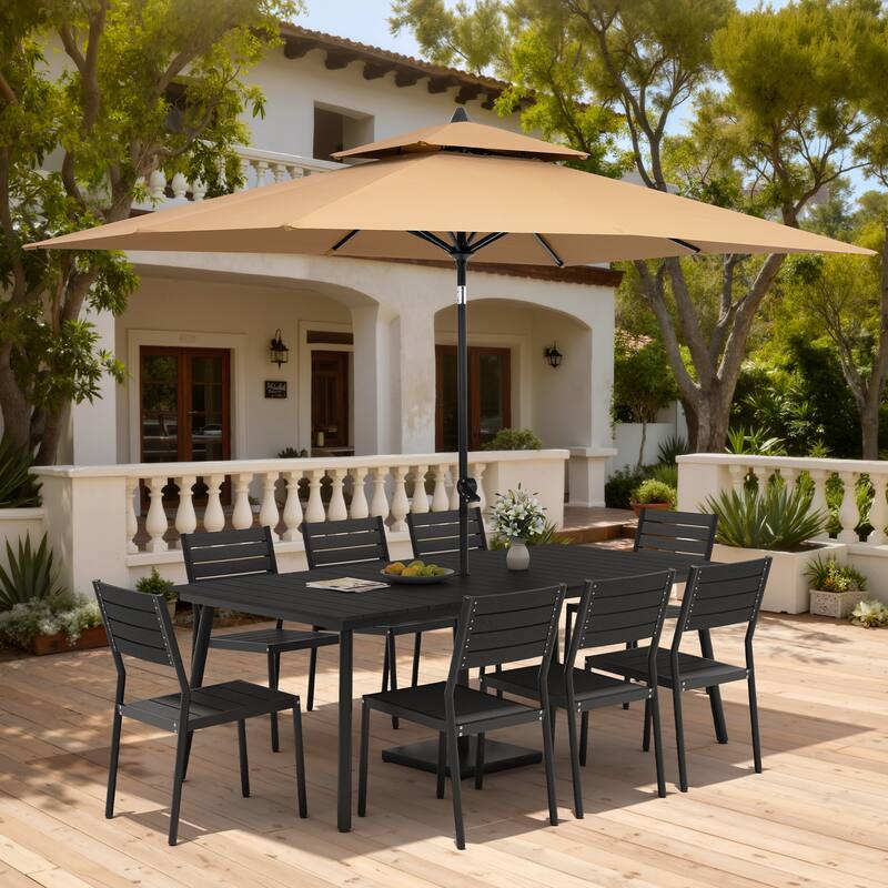 11PC Outdoor Patio Dining Set Aluminum Table with Stackable Chairs w/ Market Umbrella Set - BlackTable&BlackChairs&TanUmbrella