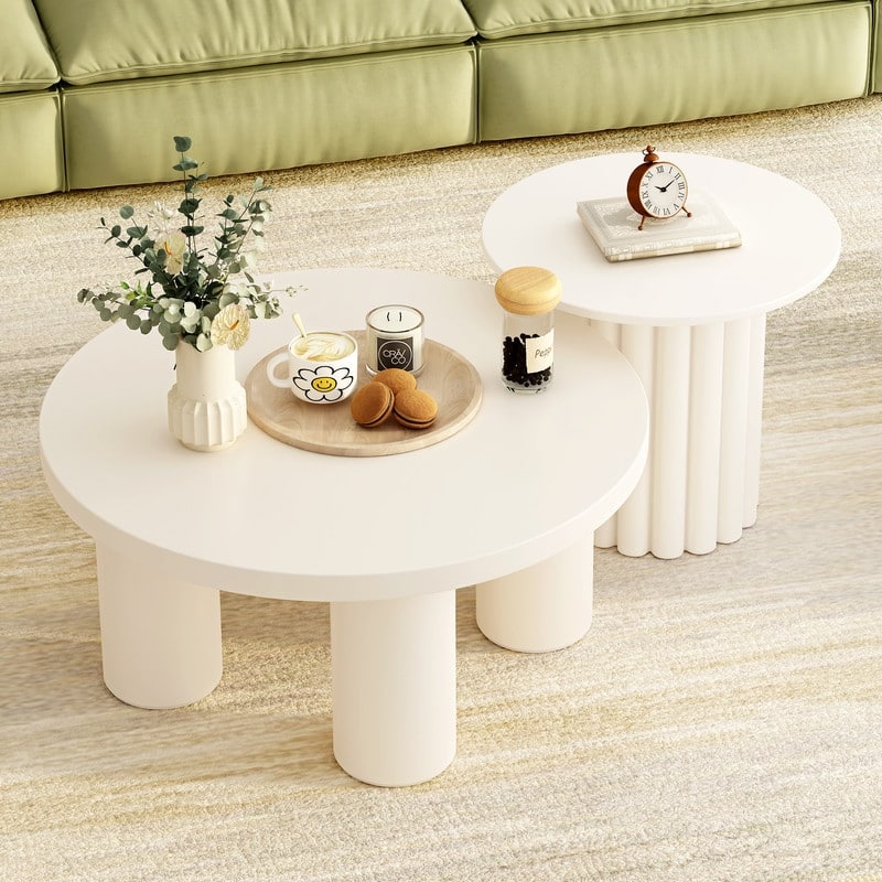 Modern Coffee Table Set of 2, Round Coffee Table with Cylindrical Leg Design and 1 End Table for Living Room
