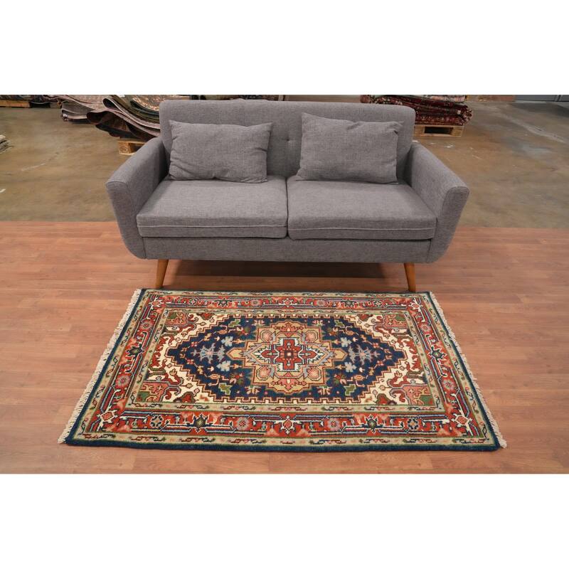 Hand Knotted Oriental 100% Wool Carpet Traditional Medallion Navy Blue & Blues Heriz (serapi) Area Rug - 5' 0'' X 3' 0''