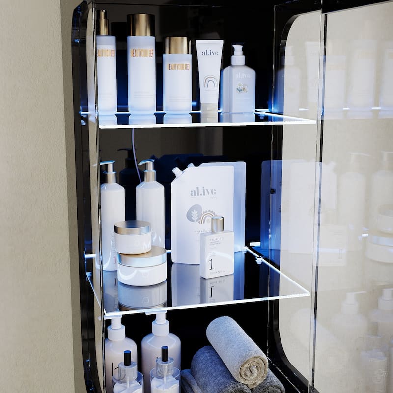 70" Bathroom Cabinet with LED Lighting Black Floor Storage Cabinet