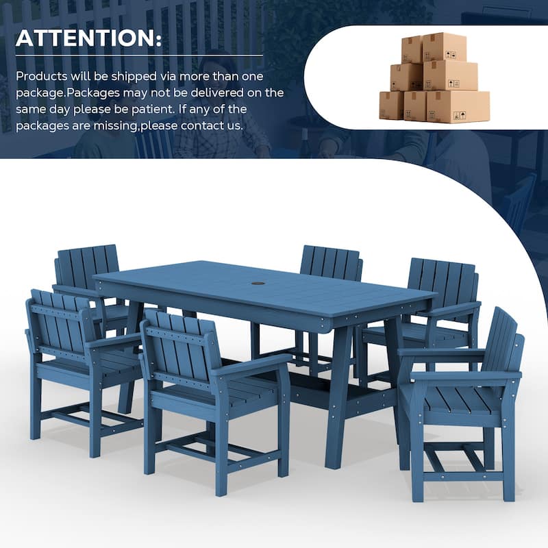 7-Piece HDPE Outdoor & Indoor Dining Set, Rectangular 67.91in W Table with Umbrella Hole and 6 Chairs Set of 7, Wood-Look Finish
