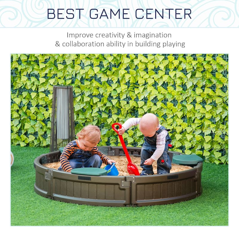 Outsunny Kids Sandbox with Cover and Seats, Round Sandbox for Ages 3-12, Brown - 48.5" x 48.5"x 8.25"