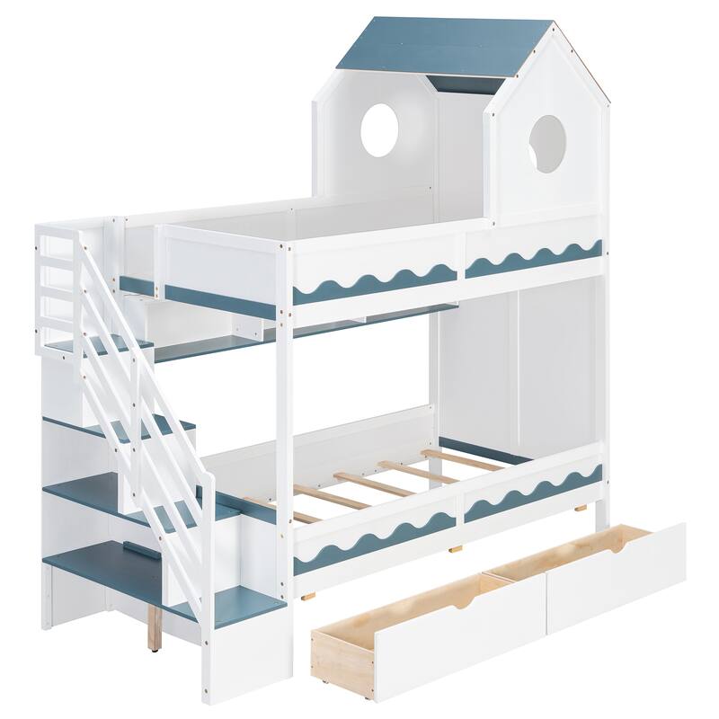 Roomfitters Twin Over Twin House Bunk Bed with Storage Staircase and LED Lighting, Castle Playhouse Sleeper System