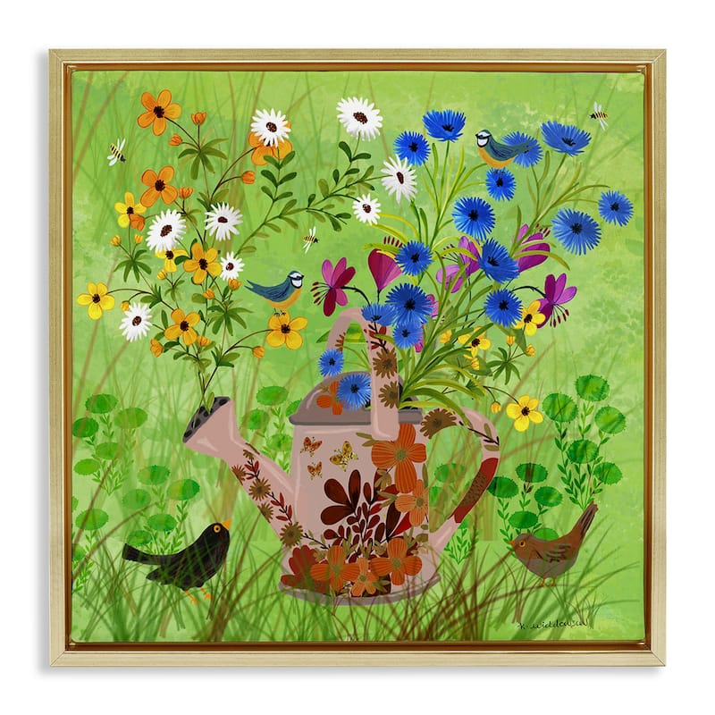 Stupell Bright Gardening Can & Birds Framed Floater Canvas Wall Art Design By Kay Widdowson - 25 x 25 - Gold