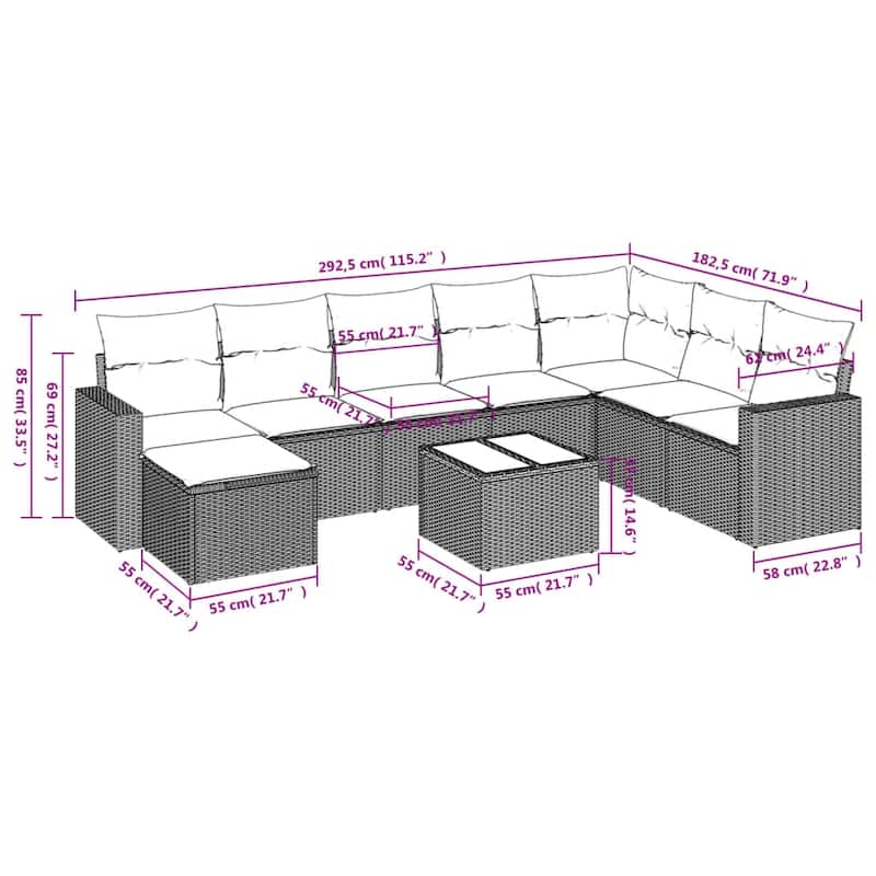 vidaXL 8/9 Piece Patio Sofa Set with Cushions Black Poly Rattan - 24.4" x 24.4" x 27.2"