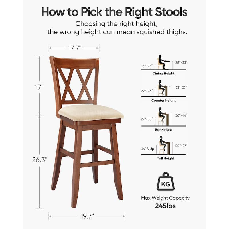 Double X Back Wood 360° Swivel Bar Stool with Foot Rest Upholstered Cushion