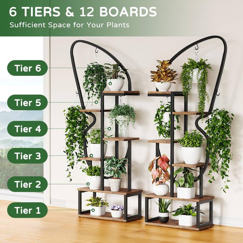 6 Tier Butterfly-Shaped Plant Stand, Indoor Tall Metal Plant Stand with 6 Plant Hooks & 12 Boards, Large Ladder Plant Shelf