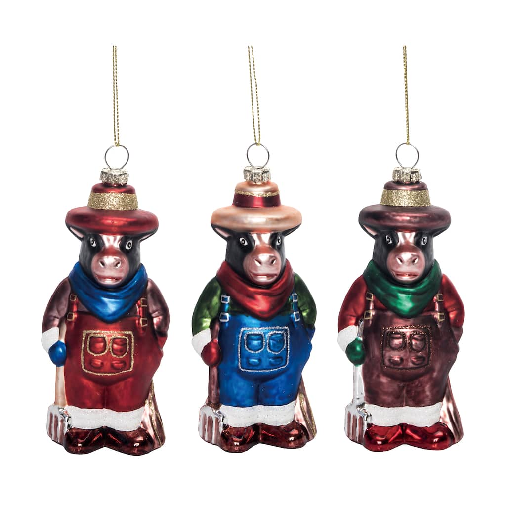 Transpac Glass Decorative Cow Ornament Set of 3 Christmas Home Decorations - Multicolor