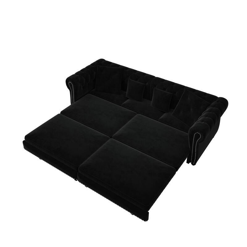 3-in-1 Convertible Pull-Out Sofa Bed w/ Movable Ottoman & 4 Pillows, Velvet Upholstered Rolled Arms Sleeper Couch for Apartment