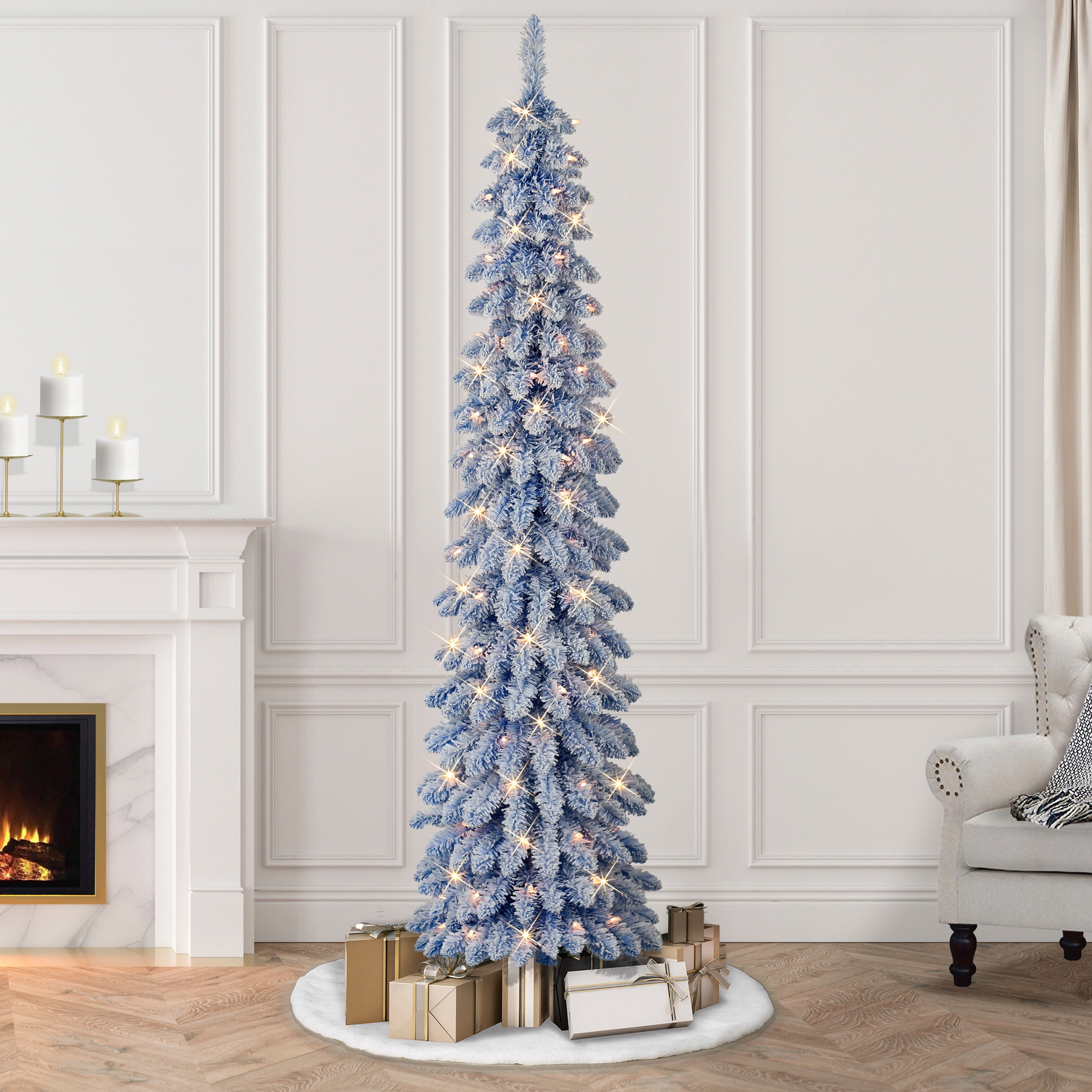 Puleo International 7 ft. Pre-Lit Flocked Blue Artificial Alpine Pencil Tree