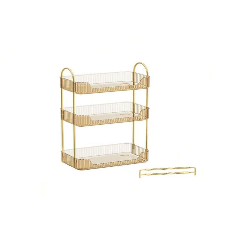 3-Tier Vertical Makeup Storage Organizer with Plated Metal Frame and Handle - 6.6”D x 12”W x 18.9”H - Champagne-Gold