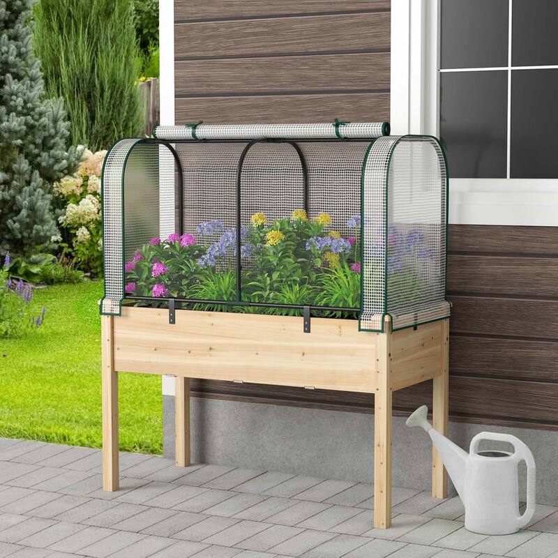 Raised Garden Bed w/ Cover Wood Elevated Planter Box /Mini Greenhouse